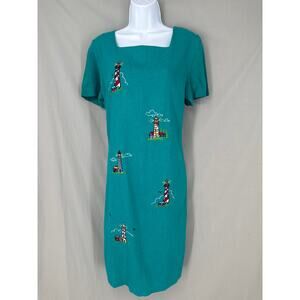 90s Vintage Dress Womens Medium Green Mini Linen Lighthouse Nautical Fisherman